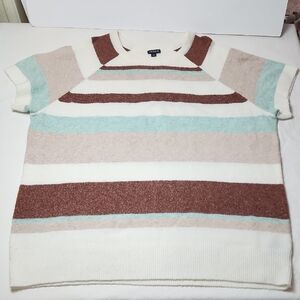 Torrid Cream, Blue & Brown Striped Short Sleeve Sweater – Size 3 (22–24)